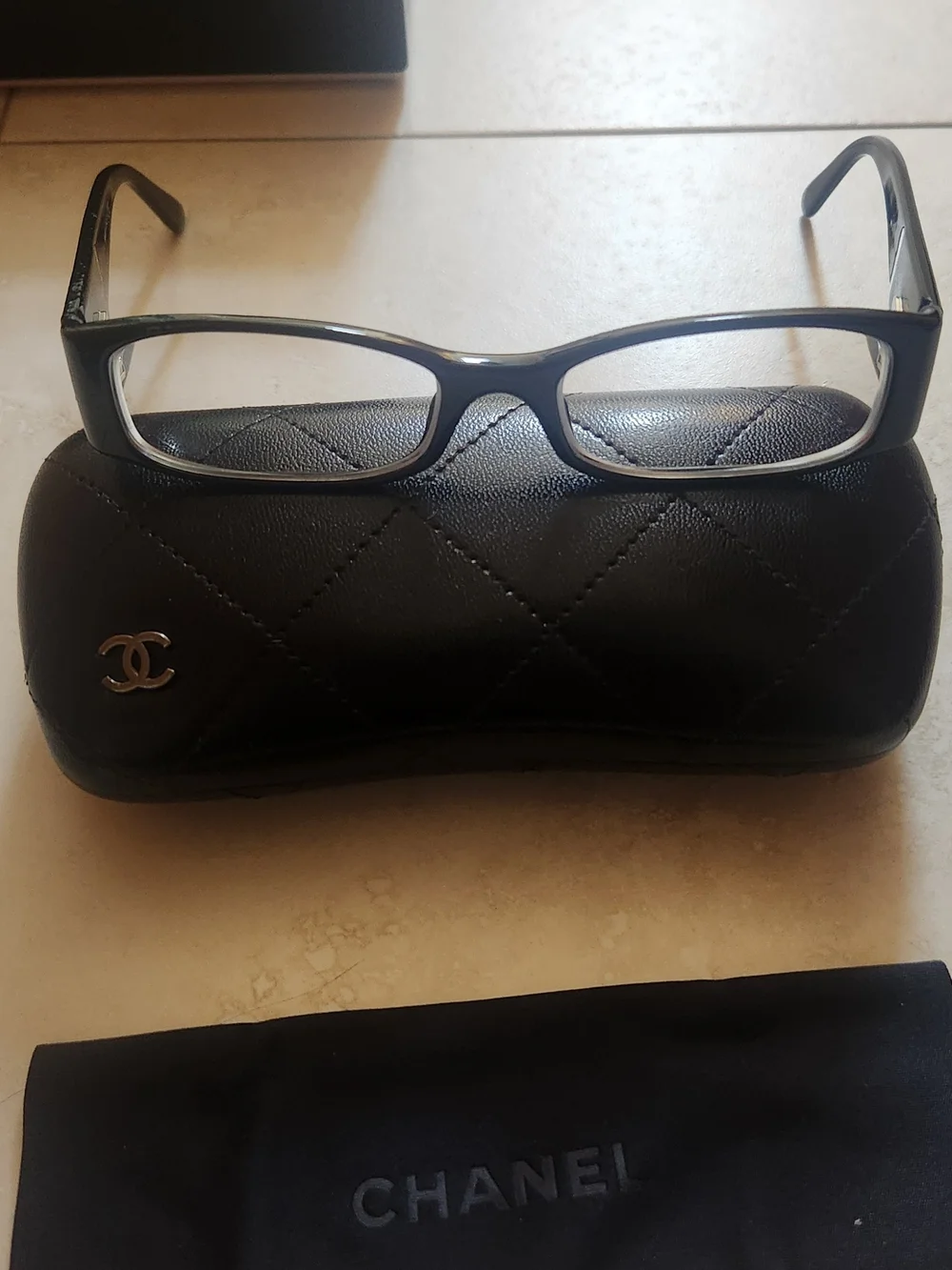CHANEL Black Quilted Eyewear with Matching Black Case